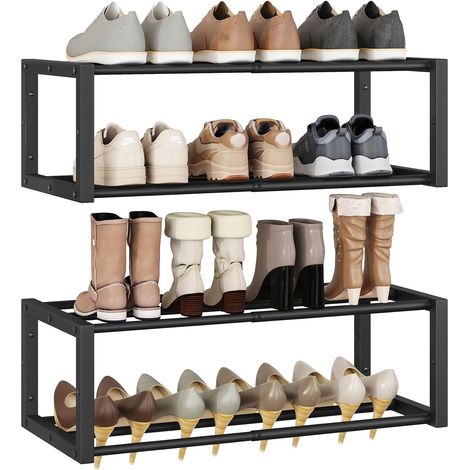 Lot de 2 Étagère à Chaussures Murales, Petit Organiseur à Chaussures Suspendu Extensible de 41-73 cm, Gain de Place Porte Chaussures Mural en Métal pour Entrée Salon, Noir (1/5)