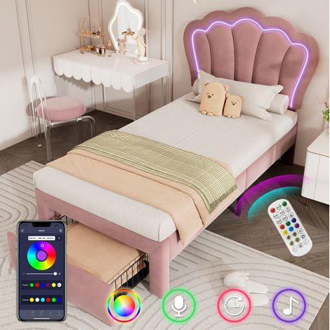 Cama juvenil tapizada 90/190 cm rosa de terciopelo con LED RGB, cabecero regulable y cajón (1/5)