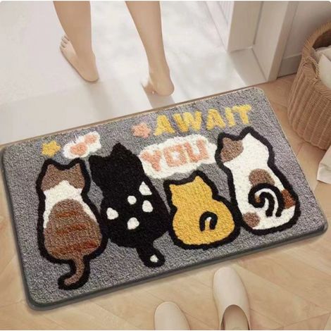Tapis de bain antidérapant et absorbant – Tapis d’entrée lavable en fausse fourrure polaire, motif chat moderne, 40 x 60 cm – Idéal pour salle de bain, WC ou entrée-lsw