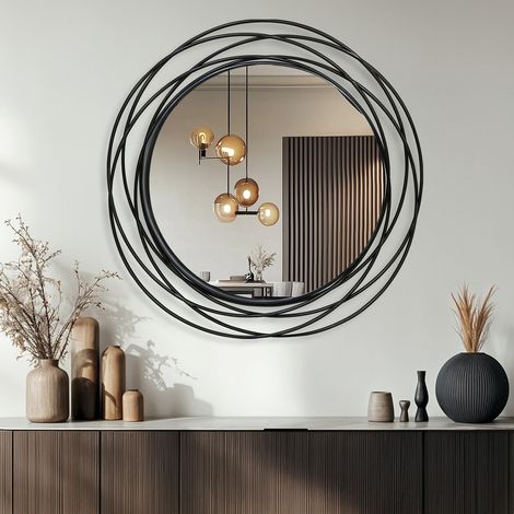 Espejo de Pared Redondo 80cm Metal Negro Decorativo Pared Diseño Camelia (1/5)