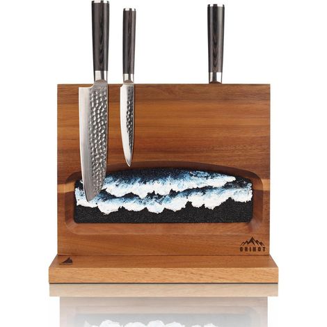 Doppelseitiger Magnetischer Messerblock Akazienholz mit handgemaltem Wellen-Design (1/4)