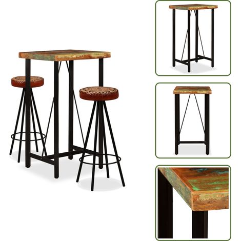 The Living Store Mesa y 2 taburetes bar madera maciza reciclada cuero real lona - Taburetes de bar