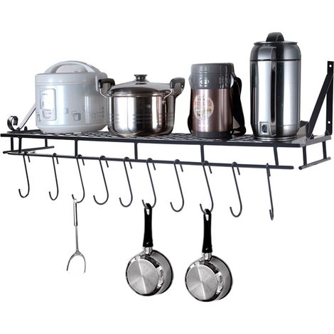 Hängender Topfständer aus Metall zur Wandmontage mit 10 Haken zur Küchenaufbewahrung (90 cm) (1/5)
