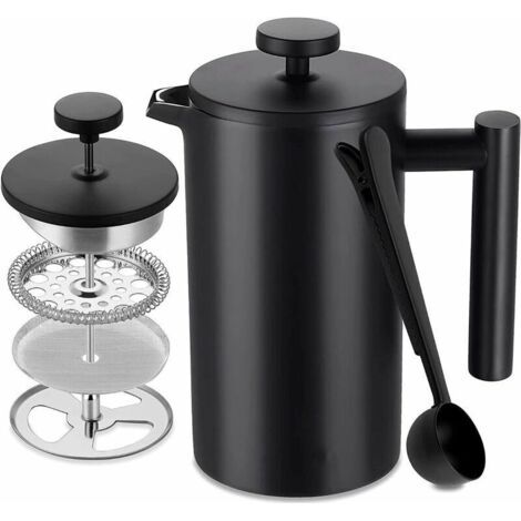 Cafetière à Piston, Français Presse Café Isolation à Double Paroi de 1 L, Paroi intérieure avec Cautèle, avec 5 Filtres à Café et Cuillère Doseuse, 7-8 Tasses, Noir Mat, Café, Thé