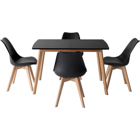 Happy Garden – Ensemble table extensible 120/160cm – 4 chaises ergonomiques – Plateau MDF noir – Pieds en bois de hêtre – Design scandinave (1/5)