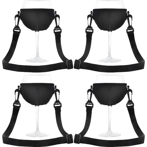 4 Pièces Porte-Gobelet, Support Vin Néoprène Noir, Cordon 92cm, Accessoire Fête Piscine (1/5)