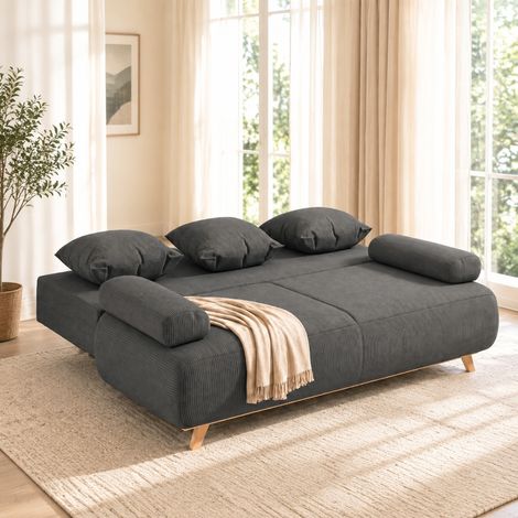 Canapé convertible 3 places en velours côtelé gris, avec coffre de rangement intégré et couchage 188 x 140 cm, canapé-lit pratique pour salon, chambre ou bureau – CHICFURN (1/5)