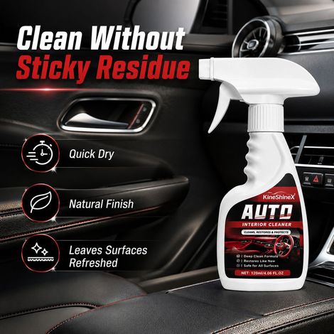 KineShineX car interior cleaner quickly removes dirt and dust from dashboard, seats, door panels, and center console. (1/4)