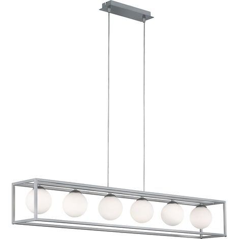 Pendelleuchte Hängelampe Esstischleuchte Wohnzimmerleuchte, mit Rahmen und weißen Glaskugeln, 6x3,5W 6x320lm, 3000K, LxH 105x150 cm, Wofi 7341.06.64.8000 (1/4)