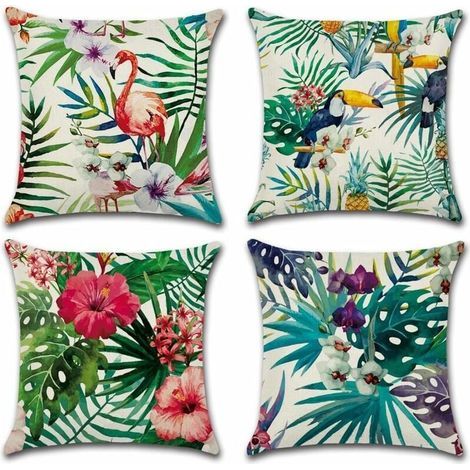 Lot de 4 housses de coussin en coton et lin Motif plantes tropicales 45 x 45 cm, Lin Coton, a, 45 x 45 Centimeters (1/5)