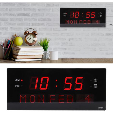 Elegante LED-Wanduhr mit schwarzem Rahmen, Aufhängelöchern und Digitalanzeige für Büro und Wohnzimmer