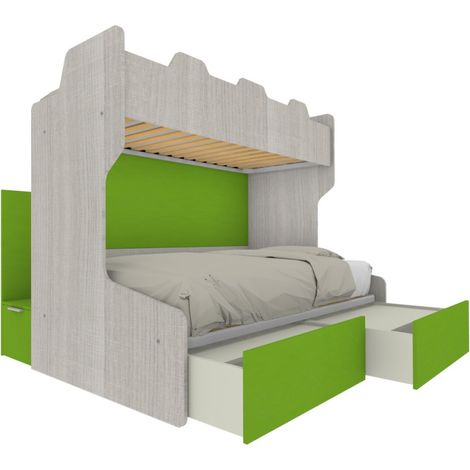 Letto a castello salvaspazio con scala contenitore - 1 Piazza e mezza + singolo - Rovere rock e Verde mela
