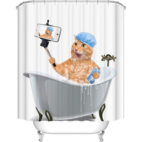 Rideau de Douche Tissu Lavable, Polyester Rideaux de Salle de Bain Facile à Nettoyer avec 12 Crochets Résistant à l'eau Anti-moisissure Décor À La Maison Accessoires (Chat de Bain,120x180cm) (1/5)