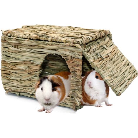 Grande maison en herbe pour cochons d'Inde, cabane en paille tissée à la main, pliable, pour petit animal de compagnie avec double ouverture, cabane pour lapin, cochon d'Inde, chinchilla, furet (1/5)