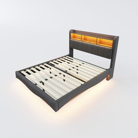 Schwebendes gepolstertes Bett 160x200 grau mit LED, USB, USB-C und Stauraum (1/5)
