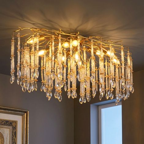 Deckenleuchte Deckenlampe Wohnzimmerlampe Kristalloptik Metall goldfarben L 100 cm (1/5)
