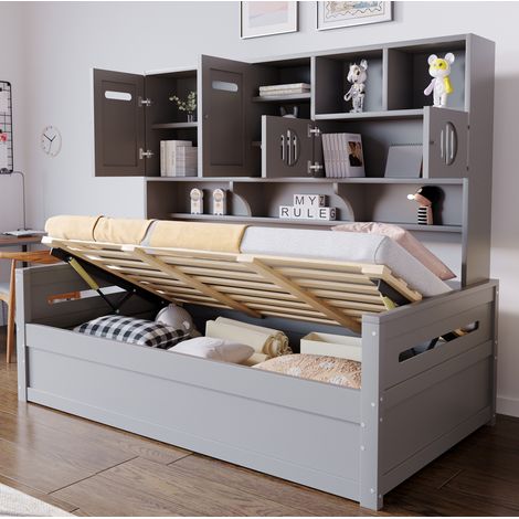 lit coffre 90x200 avec rangement en bois gris HAVRYA (1/5)