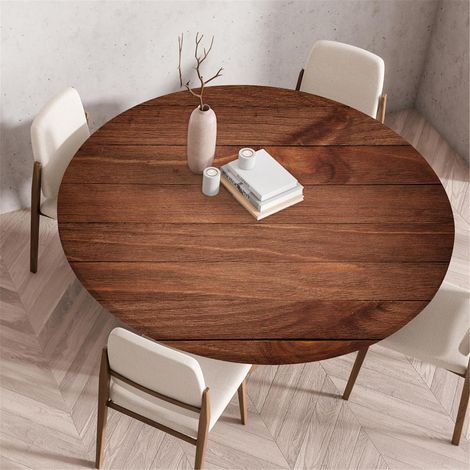 Nappe ronde 80cm Café aspect bois, élastique & lavable