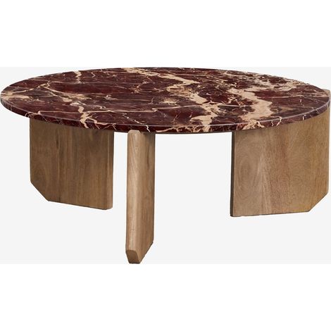 SKLUM Runder Couchtisch aus Naturstein und Mangoholz Lavinia  Ø85 cm            Mango-Holz        Roter Marmor Cherry Gold              (1/5)