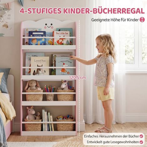 Étagère à livres enfant 4 niveaux, bibliothèque murale pour chambre d’enfant, salle de jeux, salon, rose (1/5)