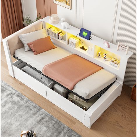 Tagesbett 90x200 cm Weiß aus Kiefernholz, MDF und Leinen mit hydraulischem Stauraum, LED und USB (1/5)