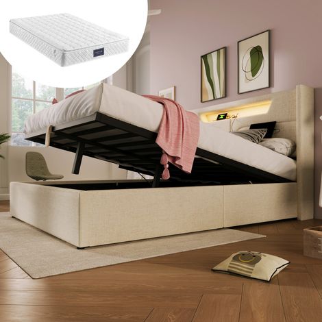 Lit Double 140x200 Beige , Rangement, LED - Charge USB-C, Tête de lit rembourrée en lin, Sommier inclus (avec matelas) (1/5)