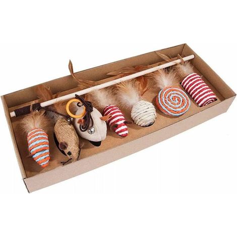 Jouet pour chat Combinaison de jouets pour animaux de compagnie Jouet pour chat Ensemble de 7 pièces Cloche Plume Poteau en bois Drôle de chat (1/5)