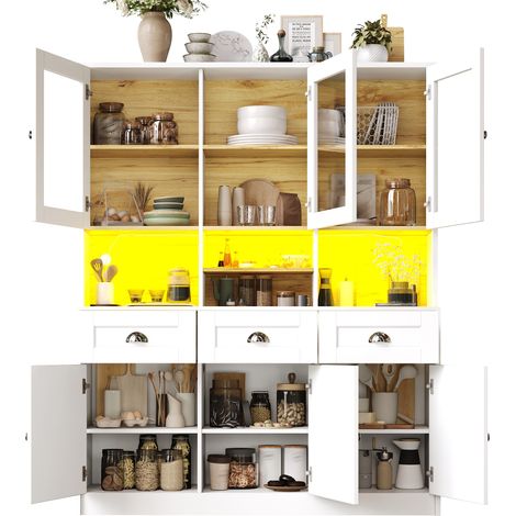 Buffet de cuisine 140 cm, armoire avec éclairage led et portes en acrylique, meuble de rangement noir et blanc robuste (1/5)