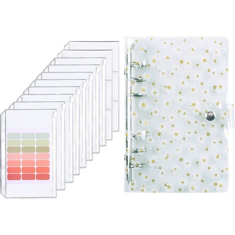 Petit classeur budget A6 avec couverture pailletée transparente, 8 poches zippées, porte-cartes, double poche et étiquettes, motif marguerite (1/5)