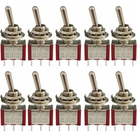 10 Stück Mini-Wippschalter, Wechselstrom 125 V 6 A / 250 V 2 A, 3-poliger SPDT-Ein-Aus-Ein-Schalter, 3-polig, 3-Positionen, selbstverriegelnd, für Kfz-Teile, Rot, von DEBUNS (1/5)
