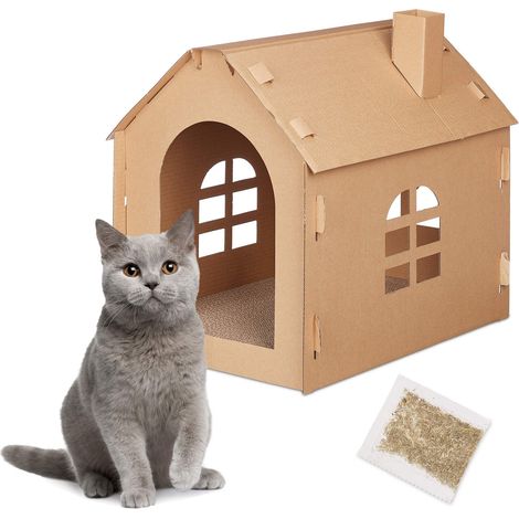 Maison Carton Chat, Niche avec griffoir, à Construire, Herbe-aux-Chats Incluse, 46 x 36,5 x 42,5 cm, Marron (1/5)