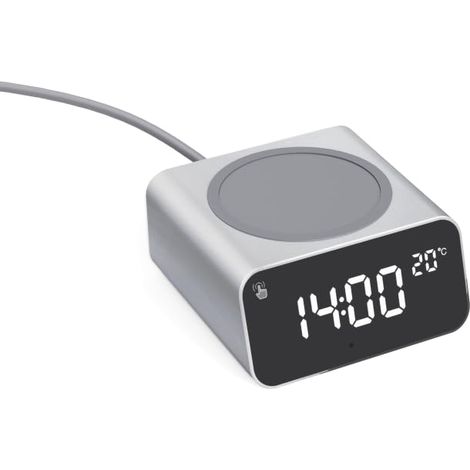 Réveil Numérique avec Chargeur à Induction Rapide 15W avec Thermomètre Fabriqué en Aluminium Plastique Recyclé Compatible avec Les Smartphones Récents Charge Gris (1/5)