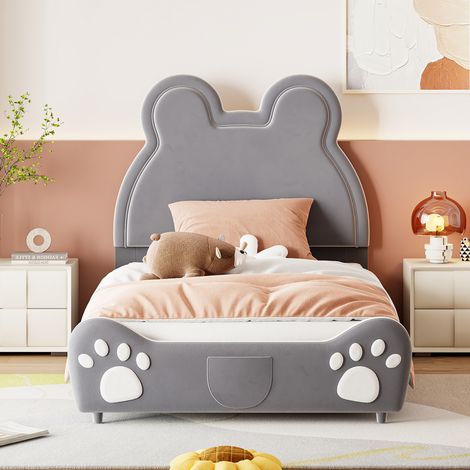 Letto singolo per bambini 90x200 cm a forma di orso, grigio, velluto, senza materasso FloraGrace (1/5)
