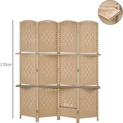 Paravent pliant à 4 panneaux, 160 x 170 cm, cloison pliable avec 2 étagères, bois naturel (1/5)