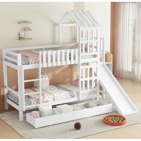 Kinder-Etagenbett Hausbett aus Massivholz und MDF in Weiß 90x200 cm mit Rutsche, 3-stufiger Leiter und großer Schublade