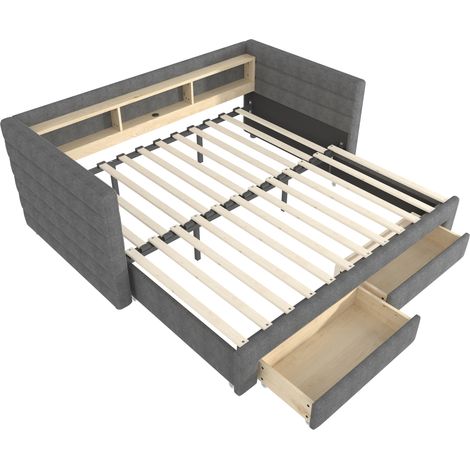 Lit banquette convertible 90 x 190 cm en velours gris avec tiroirs, LED, ports USB et Type C (1/5)
