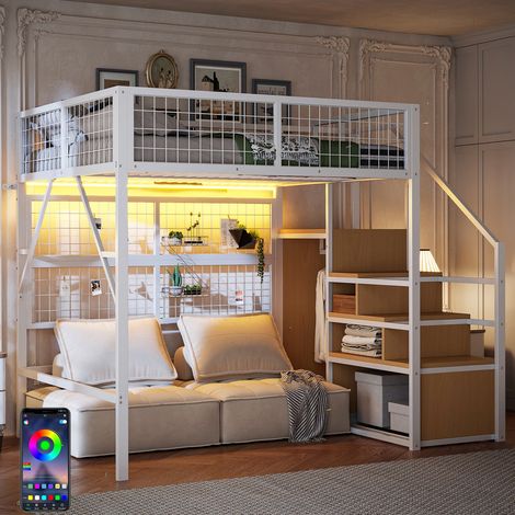 Lit Mezzanine métal 140x200 avec bande LED contrôlable par APP et penderie ouverte, Lit Superposé Enfant 2 Places avec escalier Rangements, Blanc (1/5)