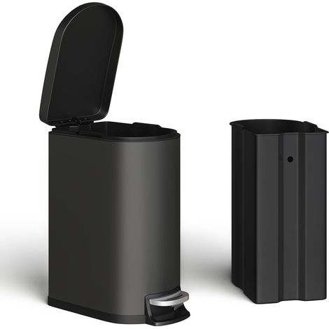 Lot de 2 poubelles de cuisine à pédale 50 L + 10 L, acier inoxydable antirouille - couvercle fermeture douce anti-odeurs - seaux intérieurs amovibles, rectangulaire, Noir (1/5)