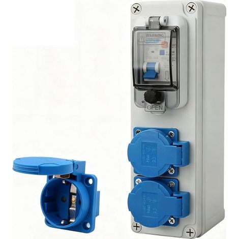 Coffret Electrique de Chantier 16A, Tableau Electrique 250V 2P Boitier Electrique Etanche avec Interrupteur fi Disjoncteurs Electriques IP54 Prise Extérieure pour Intérieurs et Extérieurs (1/5)