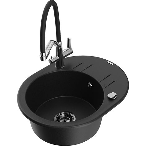 Mexen Kevin 1-Becken-Granitspüle mit Mischbatterie Duo, Schwarz - 6517-77-671701-07-B