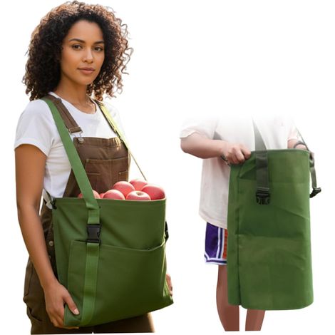 1 - Tablier de récolte - Outil jardin - Pochette cueillette fruits légumes - Bretelles croisées réglables mains libres - Jardin verger - Vert - 70x60cm (1/5)