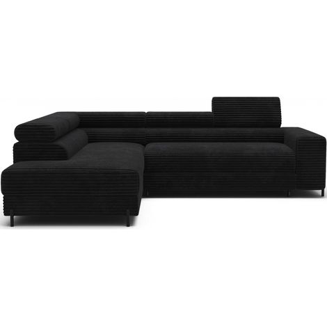 Sofá de esquina COLESIA convertible 5 plazas negro terciopelo acanalado – izquierda – 274x200cm (1/5)