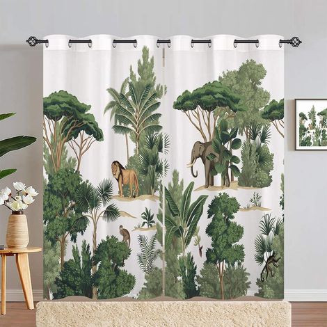 Rideau Occultant Jungle Lion Éléphant Singe Tenture Opaque à Oeillets Draperies Intérieurs Rideau Thermique Isolant pour Maison Chambre Salon Fenetre 2 Pièces L 117 x H 214 cm - 117L X 214H cm (2 Pann (1/5)