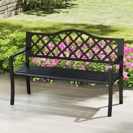 Banc de Jardin de 128 cm en Métal Assise en Lattes pour 2 à 3 Personnes avec Accoudoirs Incurvés Banc d'Extérieur Robuste Noir (1/3)