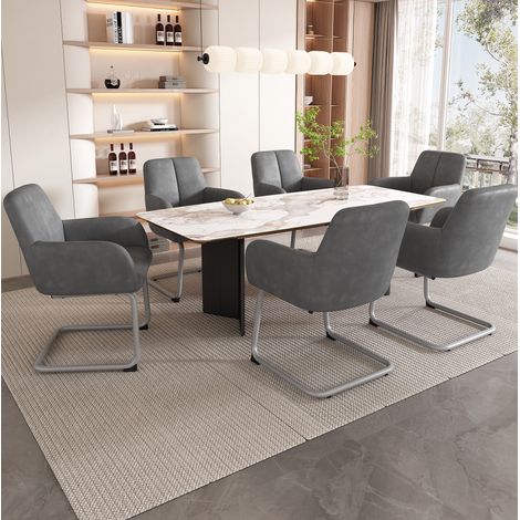Lot de 6 chaises de salle à manger 51x45x86 cm en cuir gris, avec accoudoirs, pour salon (1/5)