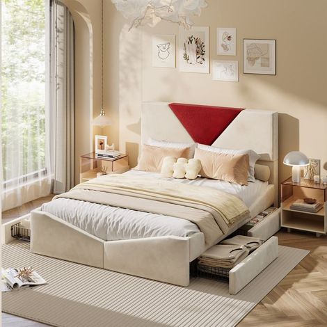 Letto matrimoniale 140x200 - Bicolore beige/bordeaux - Testata triangolare - 4 cassetti - Rete a doghe (1/5)