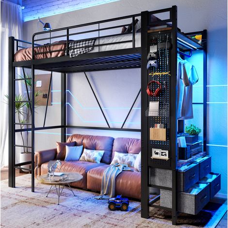 Letto rialzato 90x200 cm con appendiabiti, ripiani, 4 cassetti, porte USB/Type-C e illuminazione LED, nero, senza materasso (1/5)