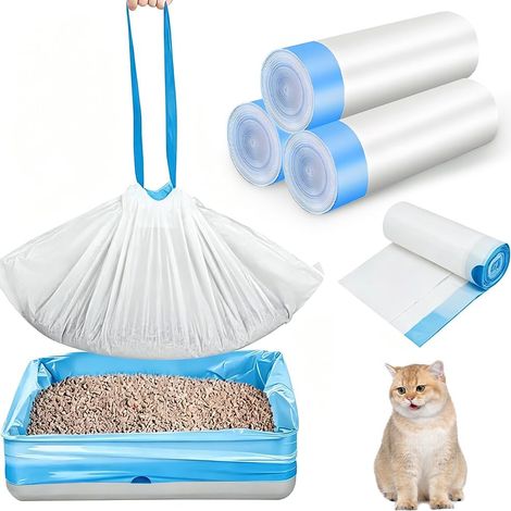90 Automatic Litter Tray Liners, Litter Bin Liners with Drawstrings, 45 x 50 cm, Heavy Duty, Extra Thick, Claw Resistant for Cats, 3 Rolls (1/5)