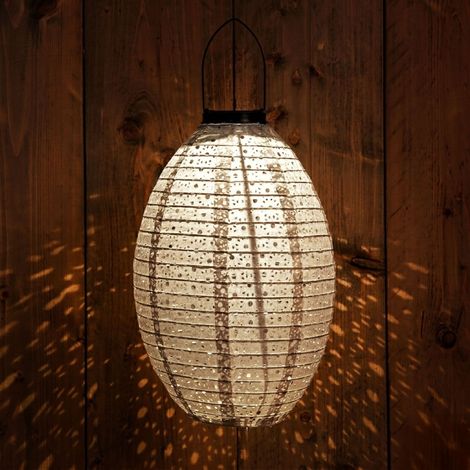 LED Solar Textil Lampion oval grau - 32 cm - Garten Deko Beleuchtung warm weiß