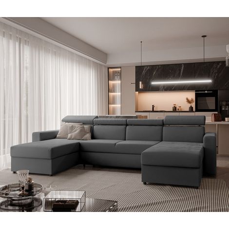 Canapé d'angle Panoramique BENI II - 6 places - Canape Convertible avec Tétières - Tissu Velours - Gris foncé (1/5)